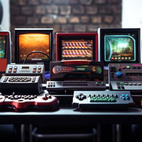 デスク上に並ぶ古典的なゲーム機器とブラウン管モニターの写真