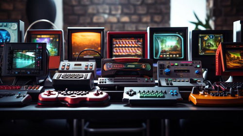 デスク上に並ぶ古典的なゲーム機器とブラウン管モニター