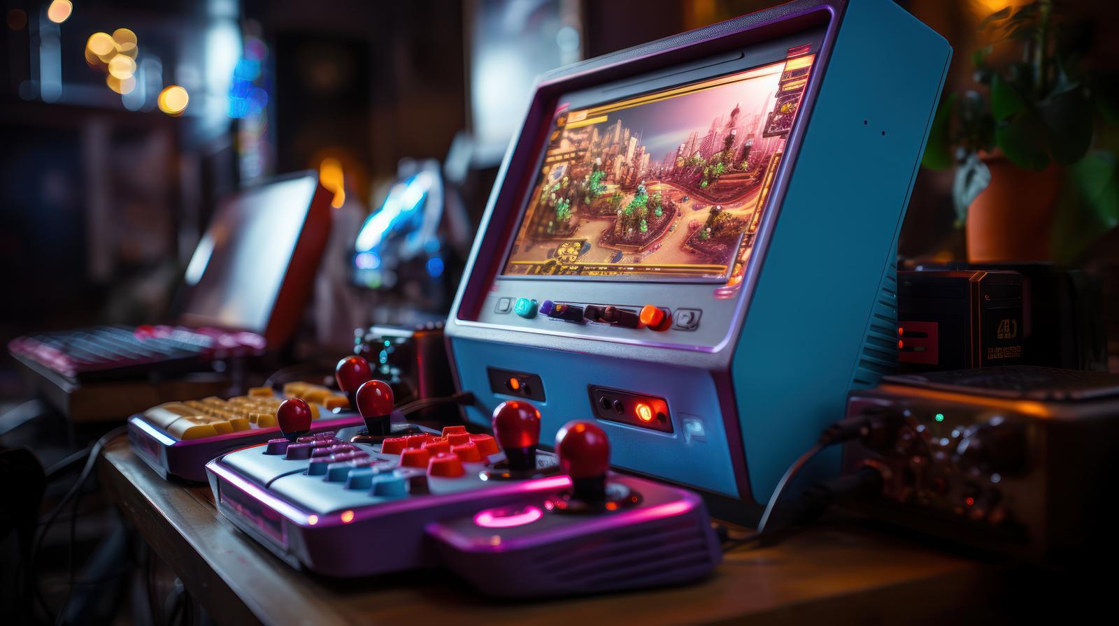 青色のレトロ風ゲーム筐体に赤いコントローラーとディスプレイが配置されている
