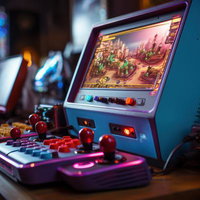 昔ながらのゲーム機とコントローラーのレトロ筐体の写真