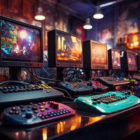 オレンジ照明のレトロ感ある正体不明のゲーム機デスクの写真