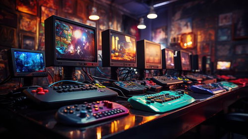 オレンジ照明のレトロ感ある正体不明のゲーム機デスク