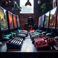 複数台並んだキーボードとデスクトップPC、レトロゲーム風のゲーミング環境の写真