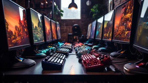 複数台並んだキーボードとデスクトップPC、レトロゲーム風のゲーミング環境