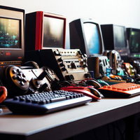 テーブルに並ぶ古いレトロゲーム機とコントローラーの写真