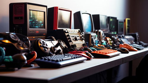 テーブルに並ぶ古いレトロゲーム機とコントローラー