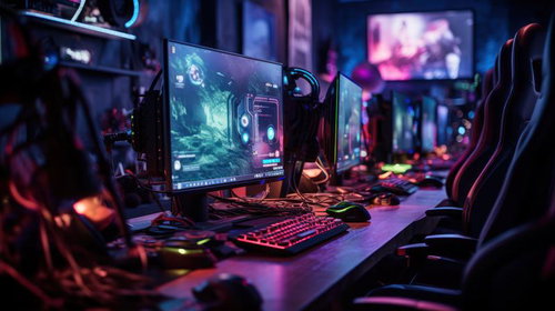 紫ネオンが映るモニターが並んだオンラインゲーム施設