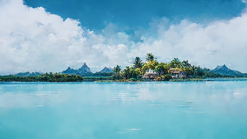 青い海に浮かぶ南国の孤島 白い雲と油絵風の質感