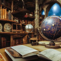 古い書物と地球儀に囲まれた学者の研究室での知的な作業風景の写真