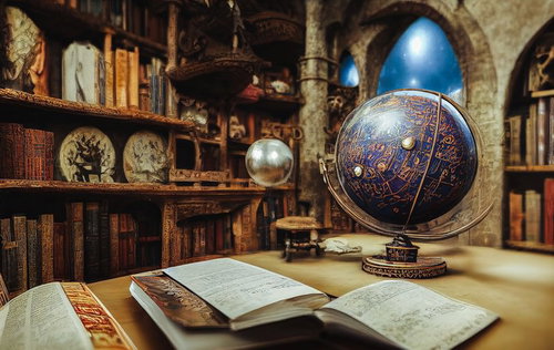 古い書物と地球儀に囲まれた学者の研究室での知的な作業風景