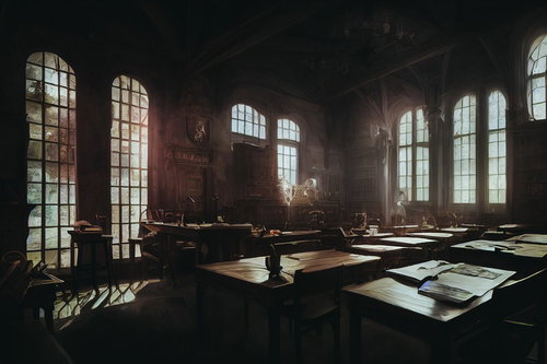 静寂な木造の教室の机と椅子が並ぶ懐かしい学校風景