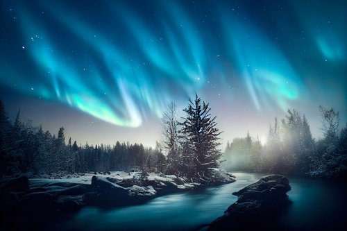 夜空に輝くオーロラと雪の森：北極の冬景色