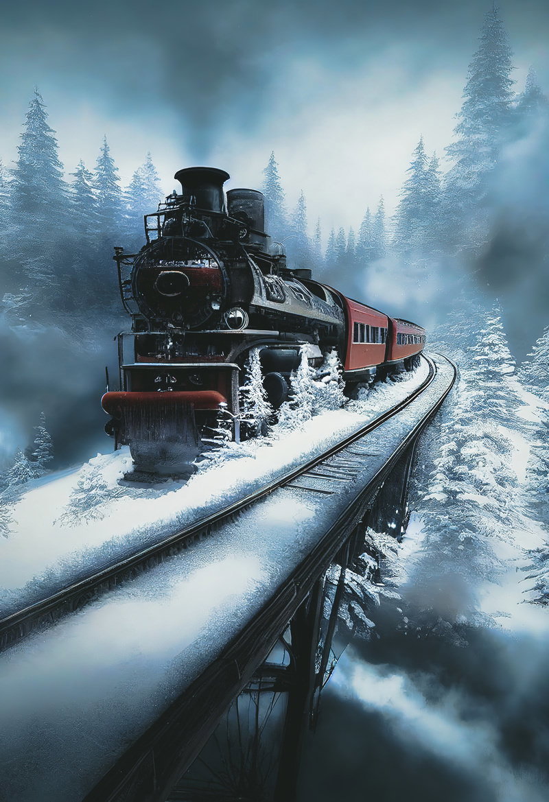 雪深い森の中を線路上で煙を上げながら走る黒い蒸気機関車