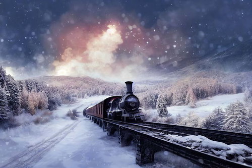 オーロラが輝く雪原を走るポーラートレイン