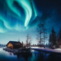 オーロラが見える夜空とログハウスの雪景色の写真