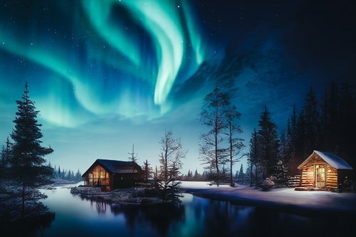 オーロラが見える夜空とログハウスの雪景色