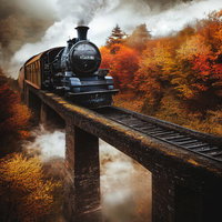 紅葉する渓谷の橋を走行する蒸気機関車と秋の景色の写真