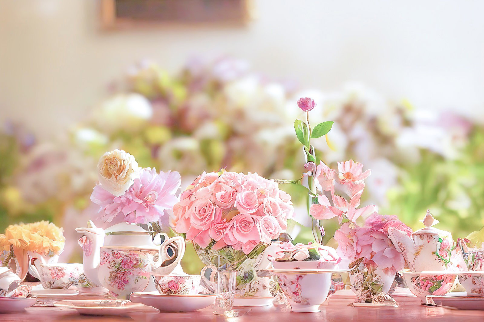 テーブルに置かれたピンクの薔薇とティーカップのティータイムセッティング