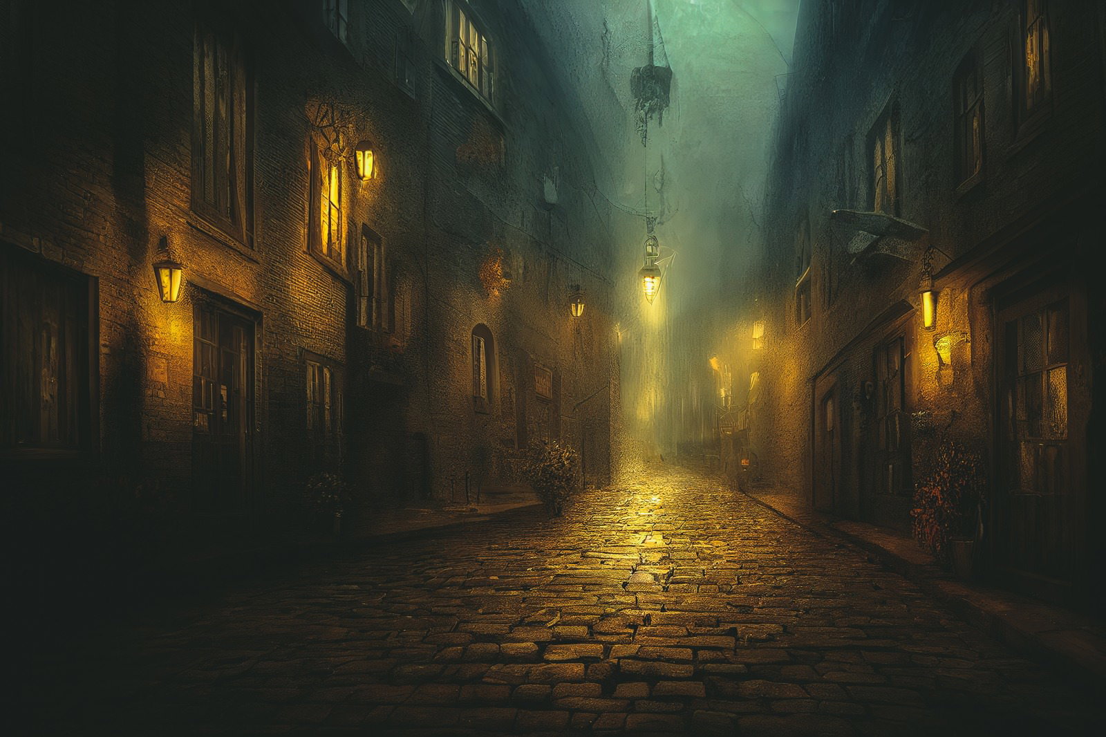 濃霧と小雨に包まれたヨーロッパ風石畳通りの夜景