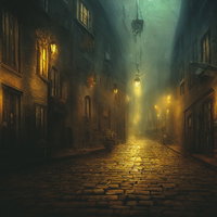 冷たい小雨が降るヨーロッパ風の石畳街の夜景の写真