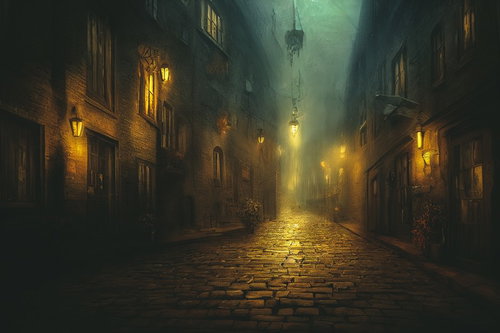 冷たい小雨が降るヨーロッパ風の石畳街の夜景