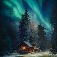 緑色のオーロラと雪原に佇むログハウスの夜景の写真