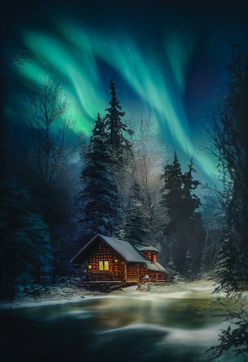 緑色のオーロラと雪原に佇むログハウスの夜景