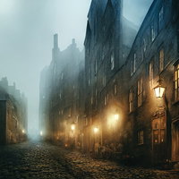 濃霧に包まれた夜の石畳の街並み - ホラー・ミステリー背景の写真