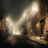 濃霧を照らす外灯と石畳の街並み - 夜間の幻想的な街路風景の写真
