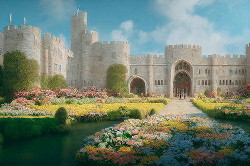 石造りの城門前に広がる庭園の風景と青空