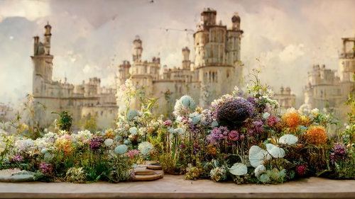 中世風古城を背景にしたテーブルフラワーの装飾