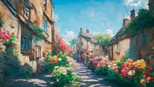 色とりどりの花が咲くヨーロッパ風の街並み