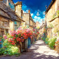 色とりどりの花が咲くヨーロッパ風の街並みの写真