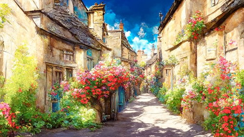 色とりどりの花が咲くヨーロッパ風の街並み
