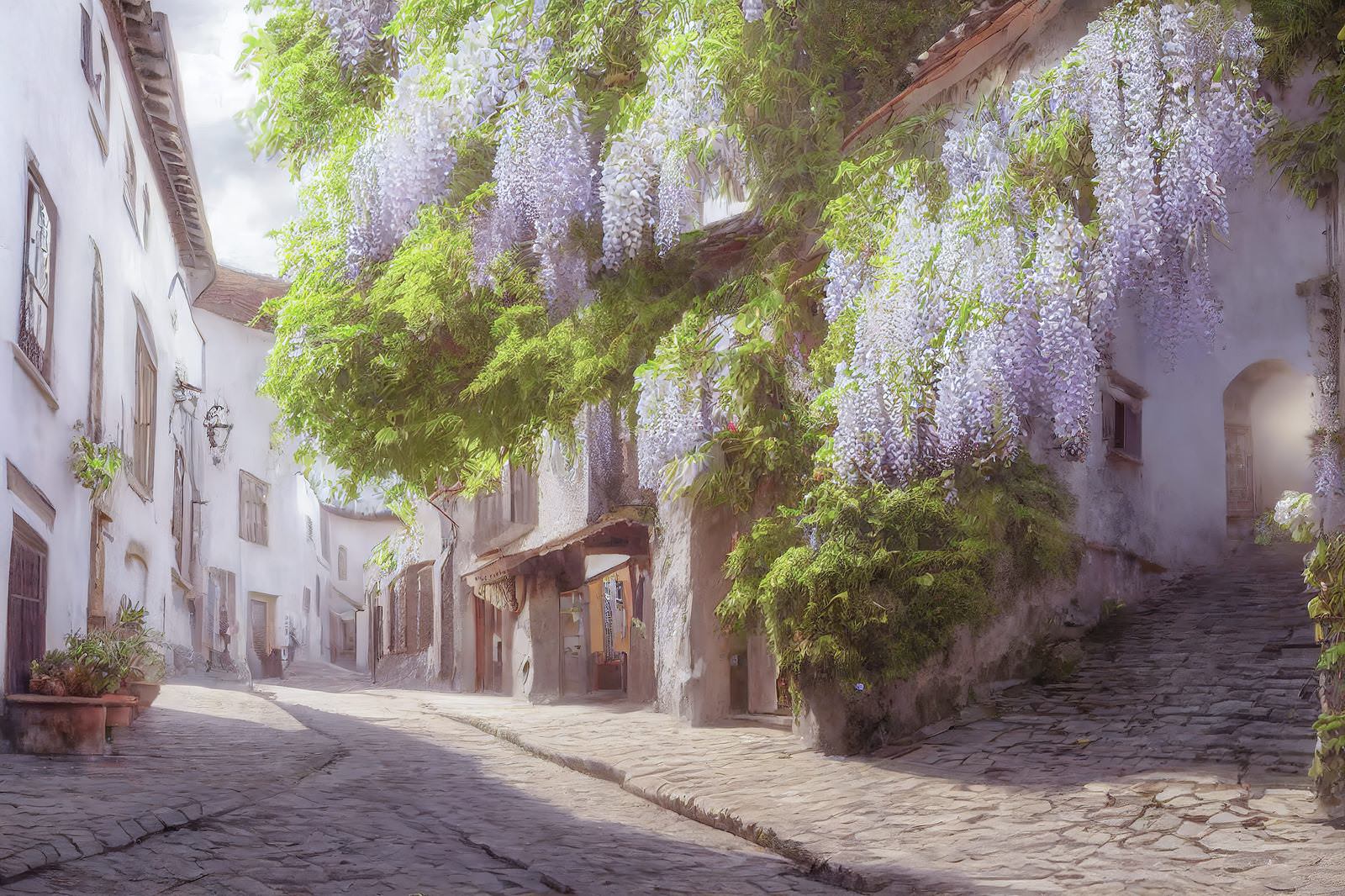 石畳の道に沿って建つ古い建物に紫色の藤の花が咲く街並み