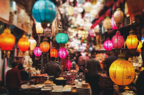 グランバザール風の提灯が灯る屋台と観光客の賑わい
