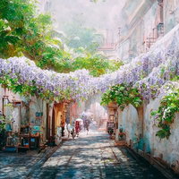 紫の藤の花に覆われたヨーロッパ風の街並みの写真