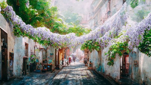 紫の藤の花に覆われたヨーロッパ風の街並み