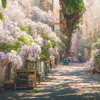 藤の花に包まれるおしゃれなヨーロッパ風の街並みの写真