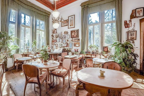 おしゃれなカフェの明るい店内空間。木製のテーブルと椅子