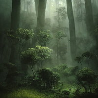 霧に飲み込まれた深い森林 ファンタジー背景の写真