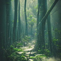 霧深い森の登山道（ファンタジー）の写真