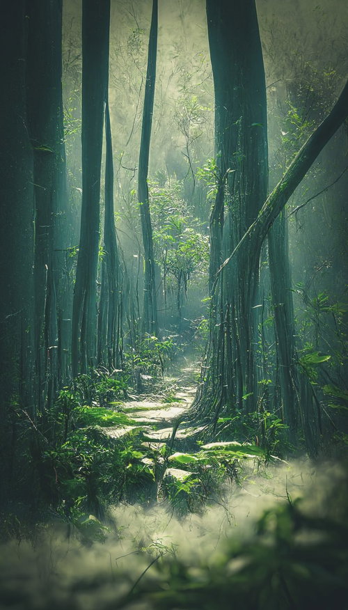 霧深い森の登山道（ファンタジー）