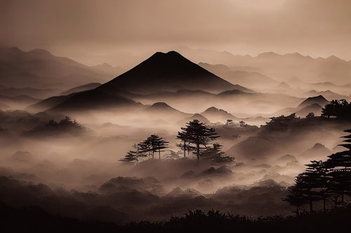 霧に煙る山々のシルエット