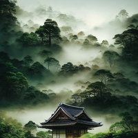 霧深い山林に立つ和風の社殿の写真