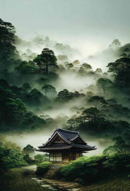 霧深い山林に立つ和風の社殿