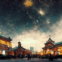 ハイカラな建物が並ぶ街の夜景と星空が輝く情景の写真