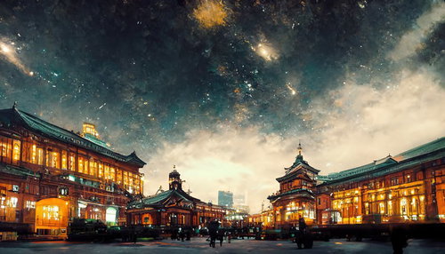 ハイカラな建物が並ぶ街の夜景と星空が輝く情景