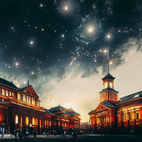 煌めく星とハイカラな赤煉瓦建物の夜景、星空に浮かぶ駅舎の写真