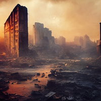 夕日に照らされた荒廃した瓦礫の市街地と崩れたビル群の写真